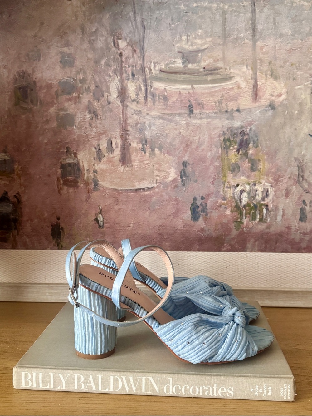 Elegant Light Blue Knotted Fabric Block Heel Sandals - Size 8